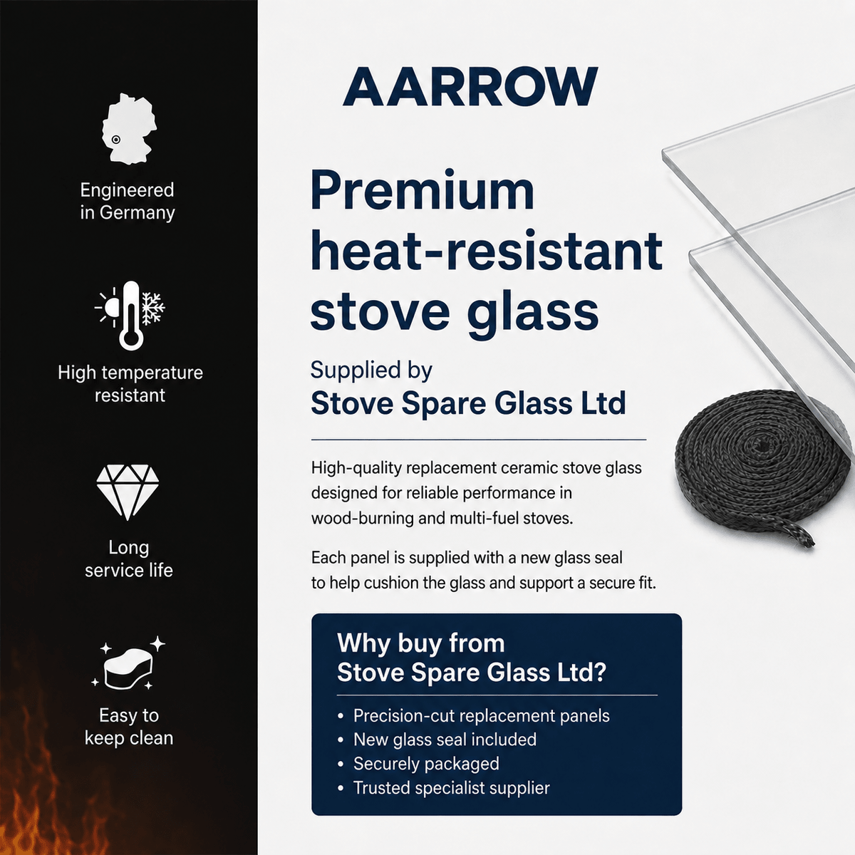 Aarrow Various Models Replacement Stove Glass with Glass Seal - StoveSpareGlass