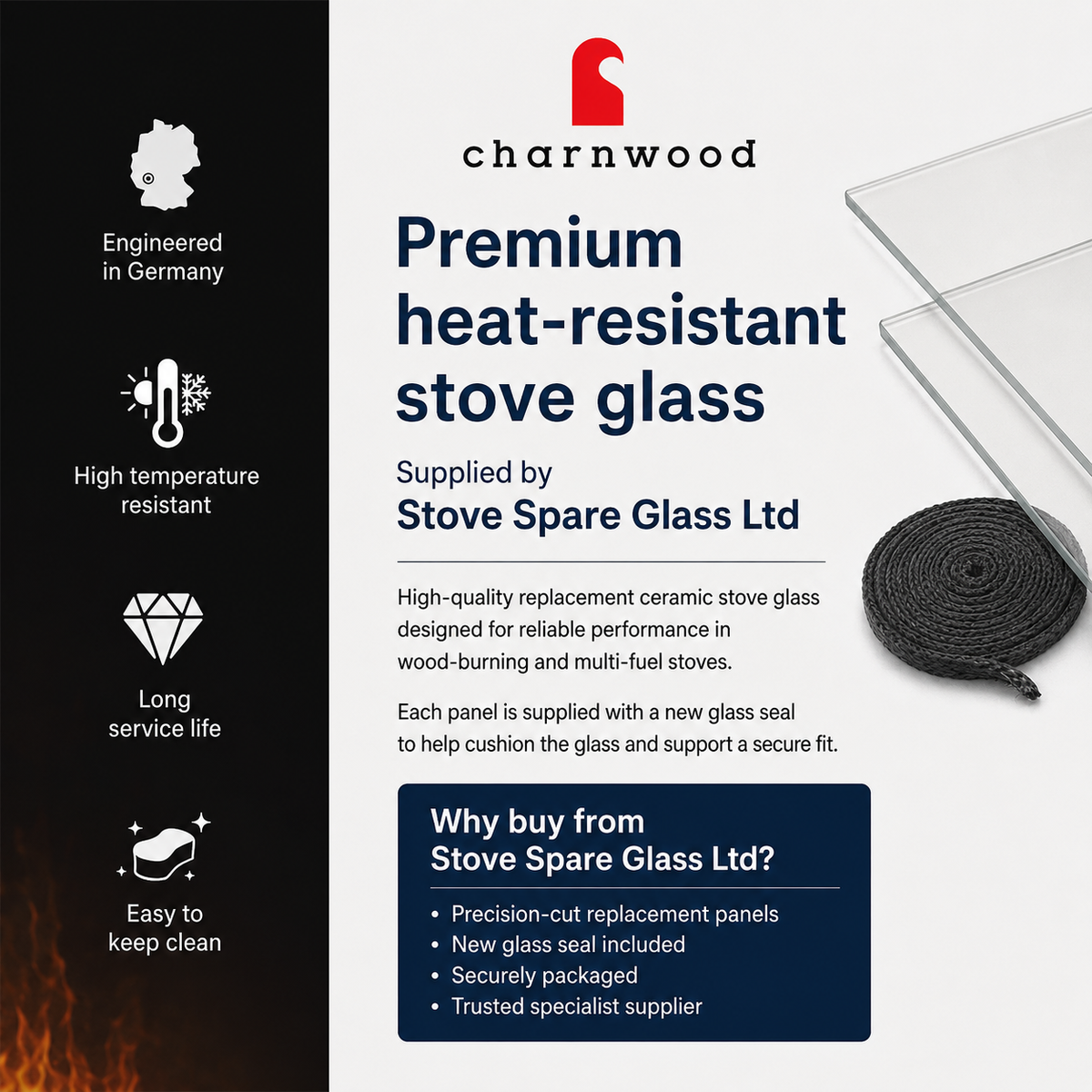 Genuine SCHOTT ROBAX stove glass supplied by Stove Spare Glass Ltd