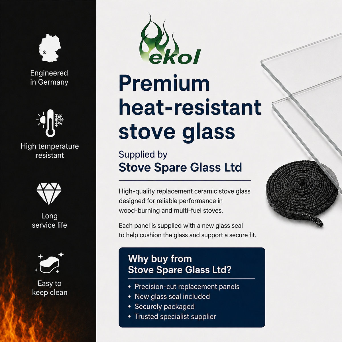 Ekol Stove Glass Replacement – All Models &amp; Sizes – with Glass Seal