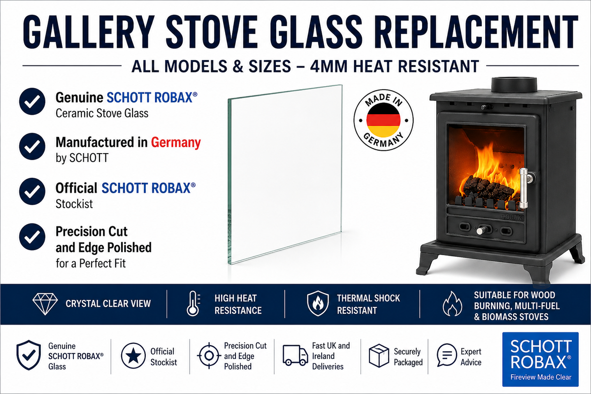 Advertisement for Gallery Stove Glass Replacement with a Firefox 5 Eco stove and replacement glass in the background.
