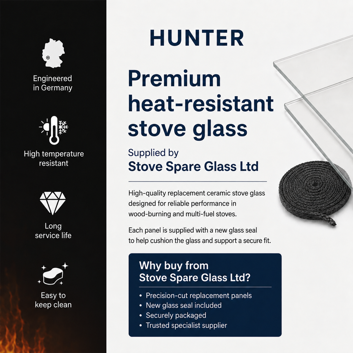 Hunter replacement stove glass and included glass seal