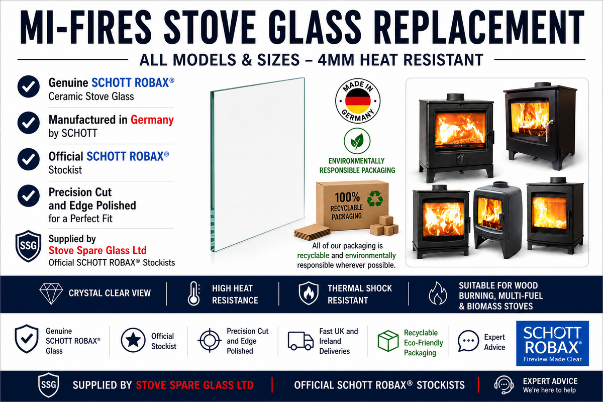 Advertisement for MI-FIRES Stove Glass Replacement with images of stoves and text detailing product features.