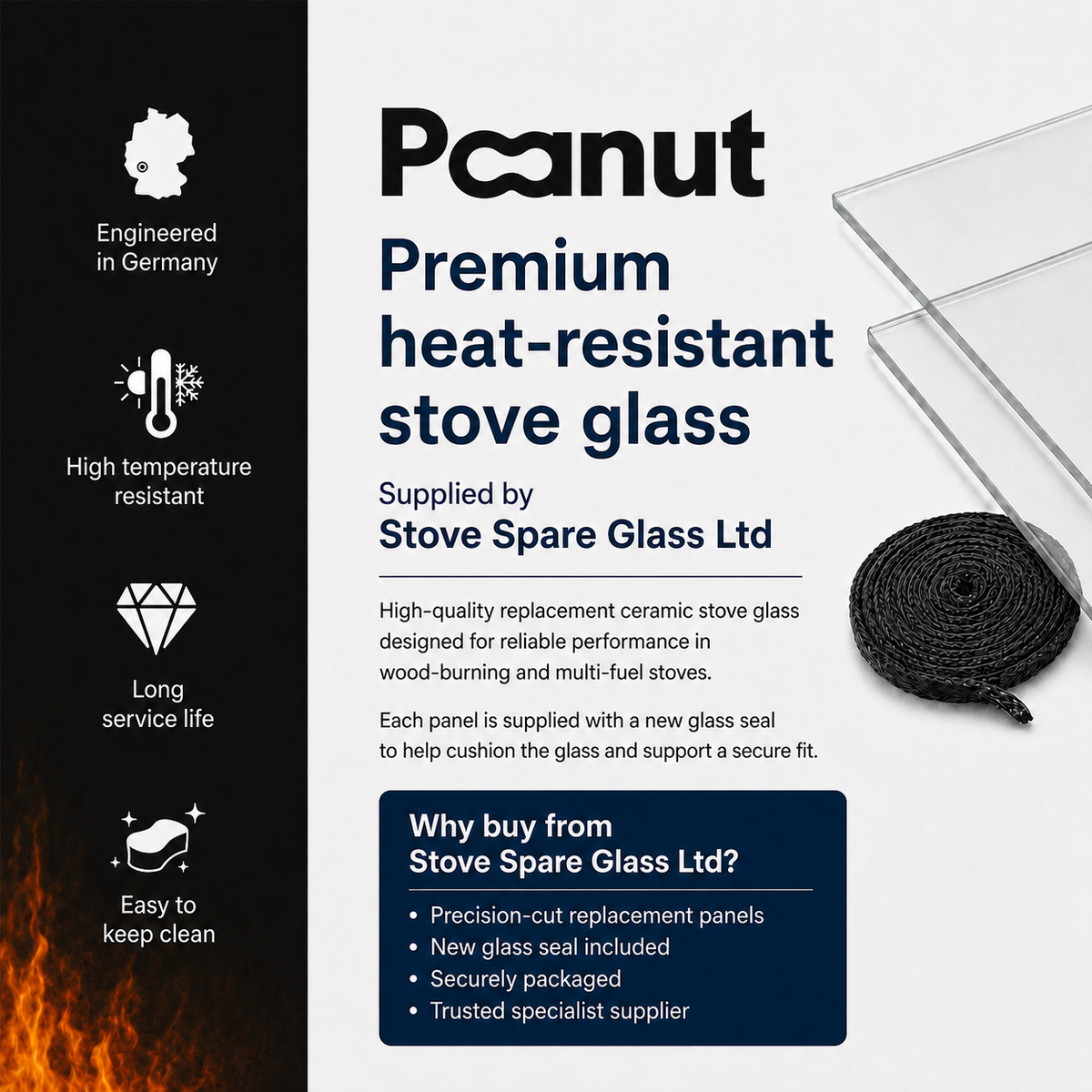 Saltfire Peanut Range Stove Glass Replacement – All Models &amp; Sizes – with Glass Seal