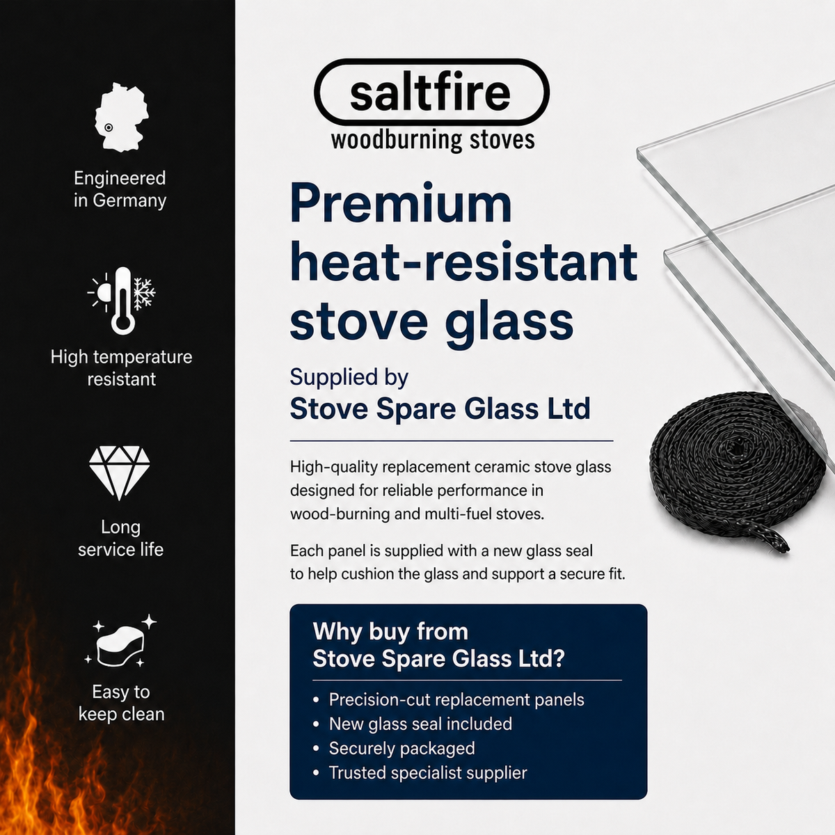 Saltfire ST Range Stove Glass Replacement – All Models &amp; Sizes – with Glass Seal