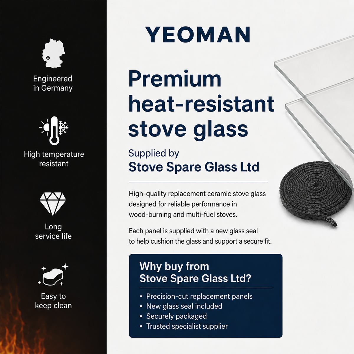 Yeoman replacement stove glass and included glass seal